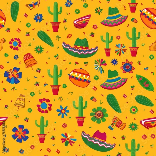 Mexican Hats and Flowers on Yellow Background