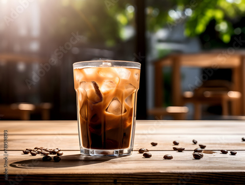 A glass of iced coffee with milk on wooden cafe table outdoors, blurred background with flowers