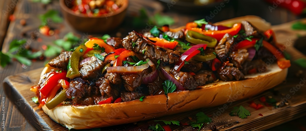 Savory Cheesesteak Delight with Colorful Veggies. Concept Cheesesteak Recipe, Colorful Vegetables, Savory Delight, Comfort Food, Homemade Meal