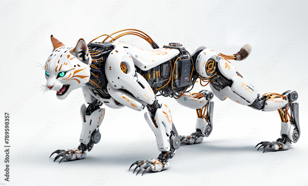 A futuristic robotic bobcat , sleek and agile, with metallic limbs and glowing circuitry, designed for high-speed traversal across varied terrain,