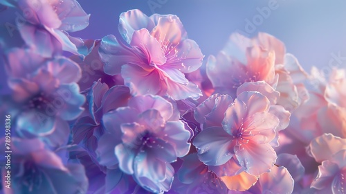 3D rendering of a cherry blossom branch with delicate pink and white petals  illuminated by soft sunlight against a blurred background.