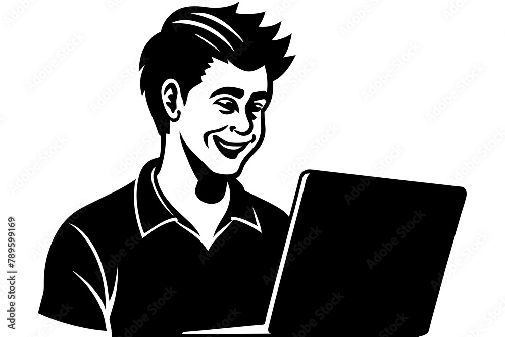 guy looking at laptop smiling and throughts Silhouette vector illustration white background guy looking at laptop smiling and throughts Silhouette vector illustration white background