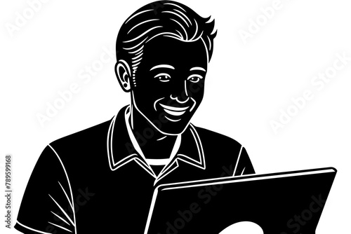 guy looking at laptop smiling and throughts Silhouette vector illustration white background 