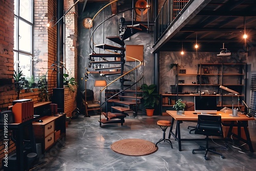 : Industrial loft office with a spiral staircase leading to a mezzanine level with additional workstations. photo