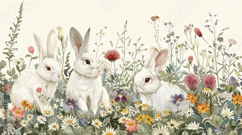 Family of rabbits playing in a field of wildflowers white fur contrasting with vibrant colors Innocent and playful vintage illustration detailed flowers and rabbits photo