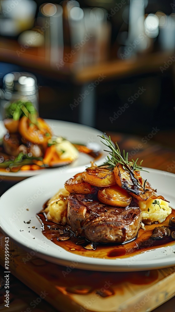 Plates with delicious food on a table in the restaurant. Plates with delicious food on a table in the restaurant.