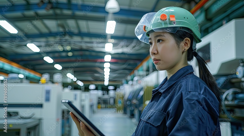 An Asian worker in a uniform and helmet using an iPad while standing at a production line of a modern CNC machine factory, with machines in the background. An Asian worker in a uniform and helmet using an iPad while standing at a production line of a modern CNC machine factory, with machines in the background.