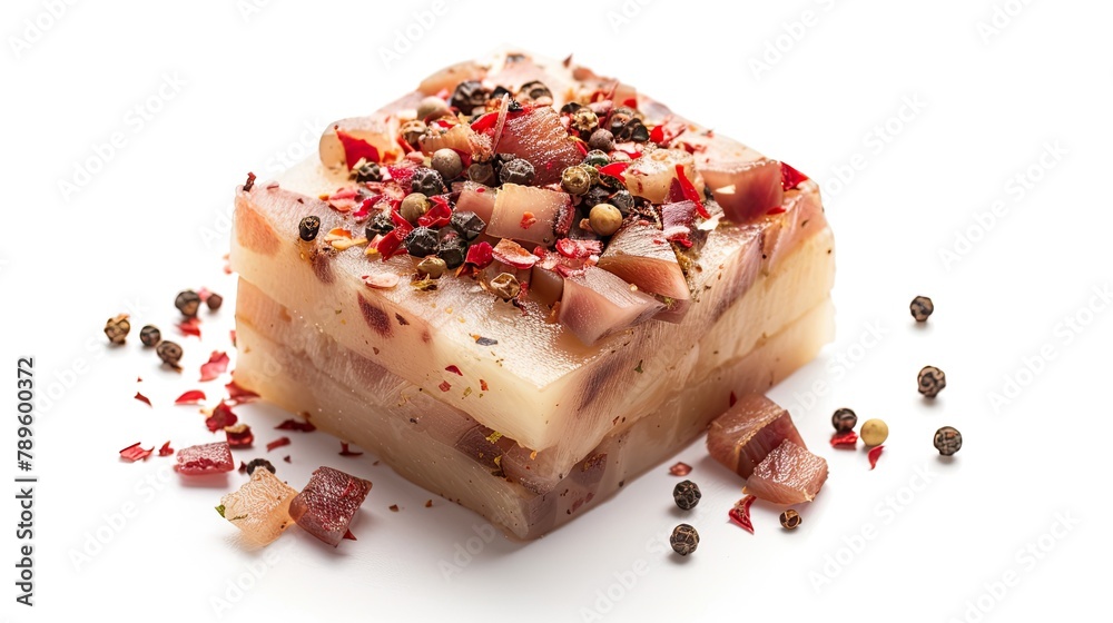 Pork lard with red chili pepper and spices, isolated on white background. Pork lard with red chili pepper and spices, isolated on white background.