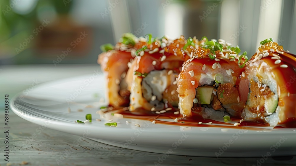 Delicious sushi roll dish on plate, closeup. Delicious sushi roll dish on plate, closeup.