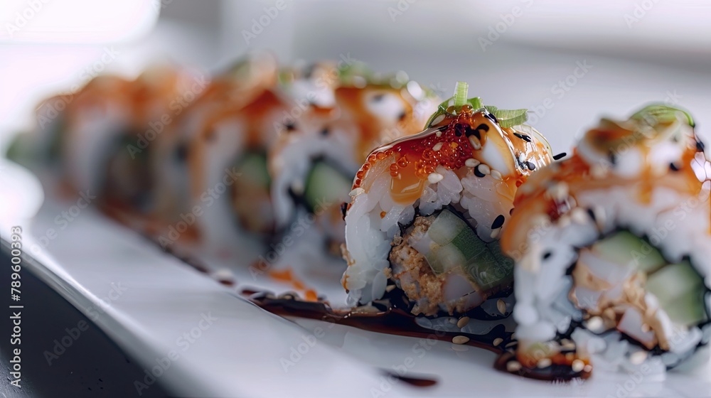 Delicious sushi roll dish on plate, closeup.