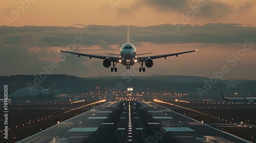 Frontal view of an airplane landing or taking off near the airport runway.