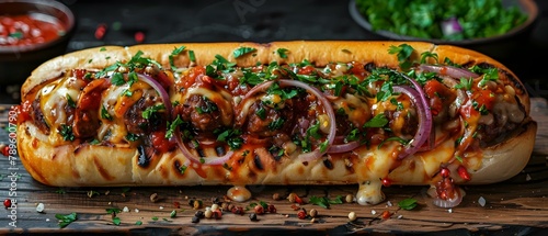 Gourmet Meatball Sub with Melted Cheese and Onions. Concept Sandwiches, Comfort Food, Gourmet Meals, Meatball Subs, Cheese and Onions photo