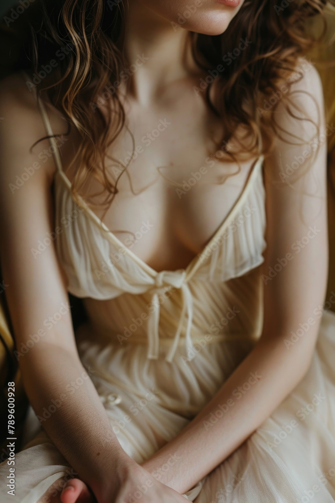 Fototapeta premium A woman wearing a white dress is sitting on a couch