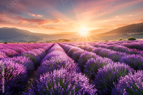   Lavender field in full bloom with a majestic sunrise in the background.