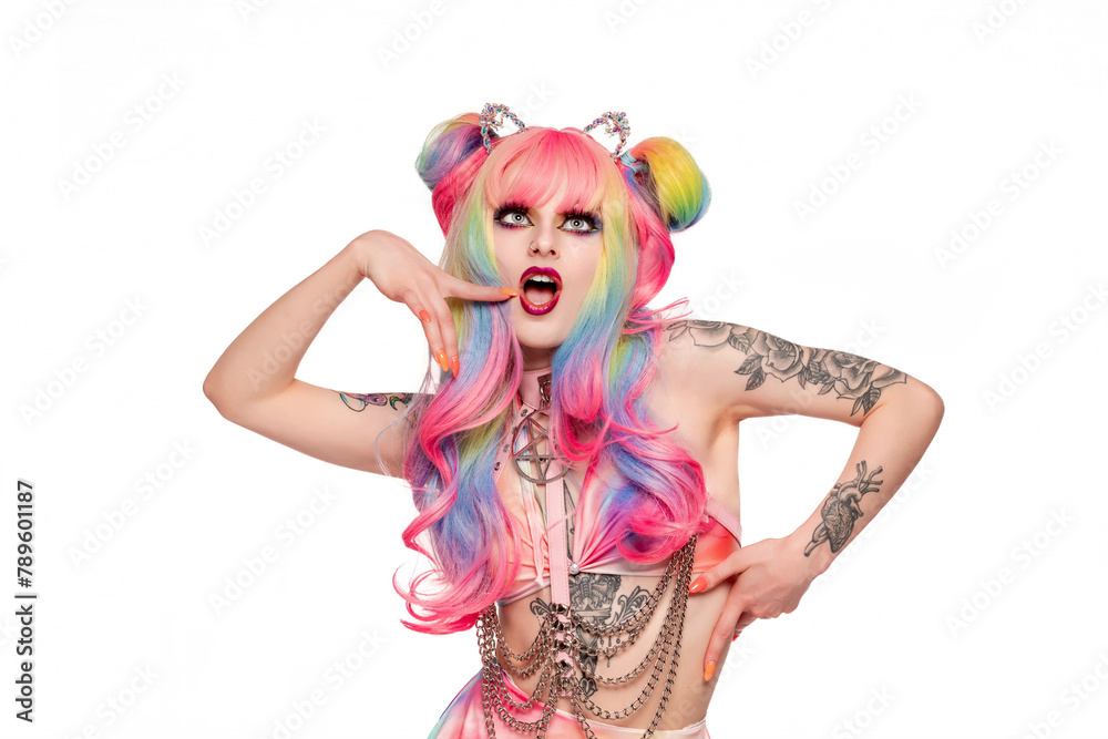 Portrait of beautiful young expressive female anime cosplayer in colorful costume Portrait of beautiful young expressive female anime cosplayer in colorful costume