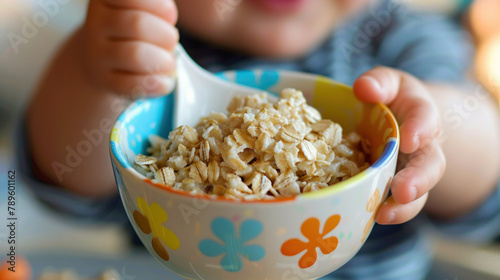 Dairy-free, organic oatmeal is a common first food for babies and toddlers. It's often served in a colorful bowl to make it more appealing to them.