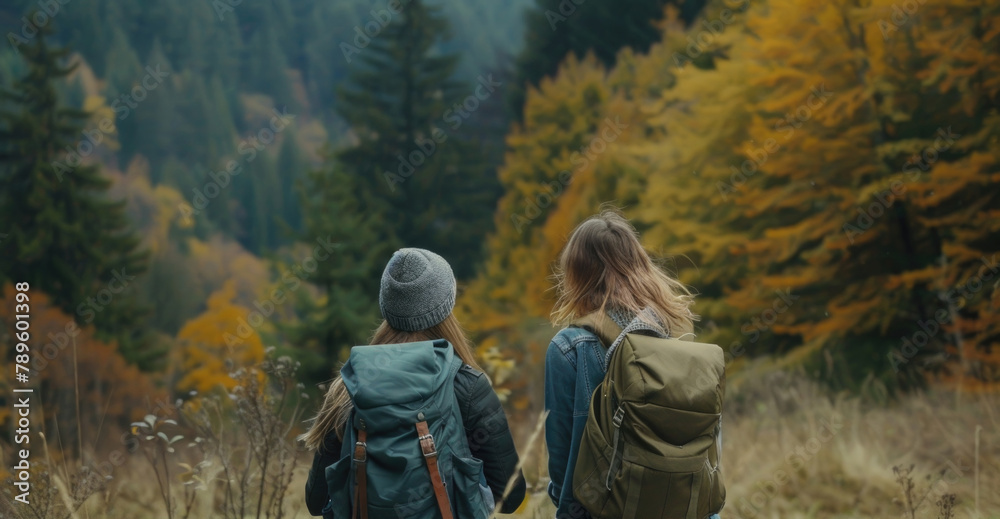 Two individuals with backpacks are walking through a dense forest, surrounded by tall trees and lush greenery Two individuals with backpacks are walking through a dense forest, surrounded by tall trees and lush greenery
