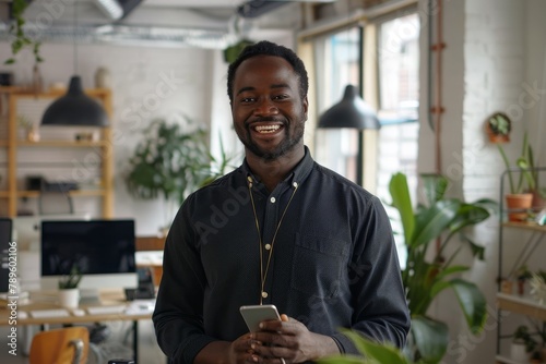 Portrait of successful winner at workplace inside office, African American man smiling and looking at camera, businessman holding phone, received online notification of winning, Generative AI