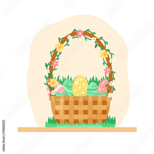 Flat Easter basket concept with eggs and flowers on color background. Vector cartoon illustration of wicker cart with decoration. Hand drawn image with paschal elements for poster or festive banner