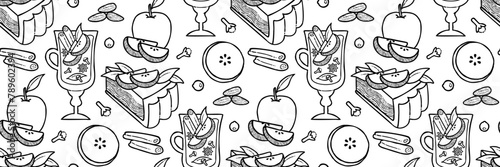 Apple pie slice Outline pattern. Delicious sweet apple pastries. Hand-drawn cake, punch and spices. Background for packaging, paper, kitchen interior, menu design and brand. Vector flat illustration.
