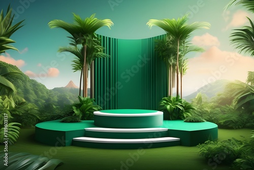 A dark green podium in a lush tropical forest, blending seamlessly with the natural backdrop.