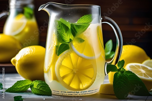 Lemonade pitcher with fresh lemons and mint leaves, perfect for a refreshing summer drink.