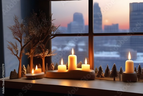  Cozy winter scene with wooden table, flickering candle, delicate branches.