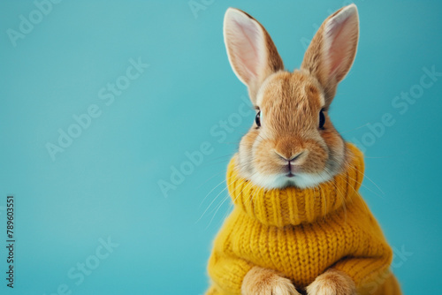 Cute bunny in a yellow sweater, on blue background. Generative Ai