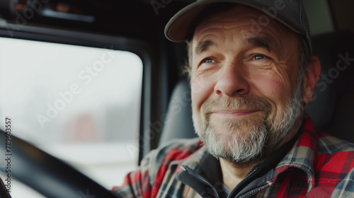 Truck driver looking at camera and smiling, close-up.