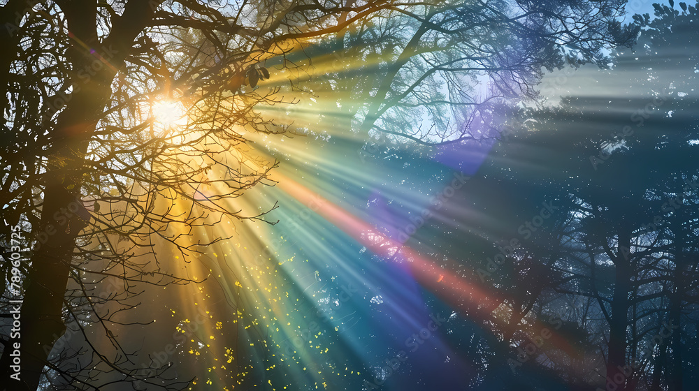 Sunlight Creating a Rainbow Spectrum Through Forest Canopy