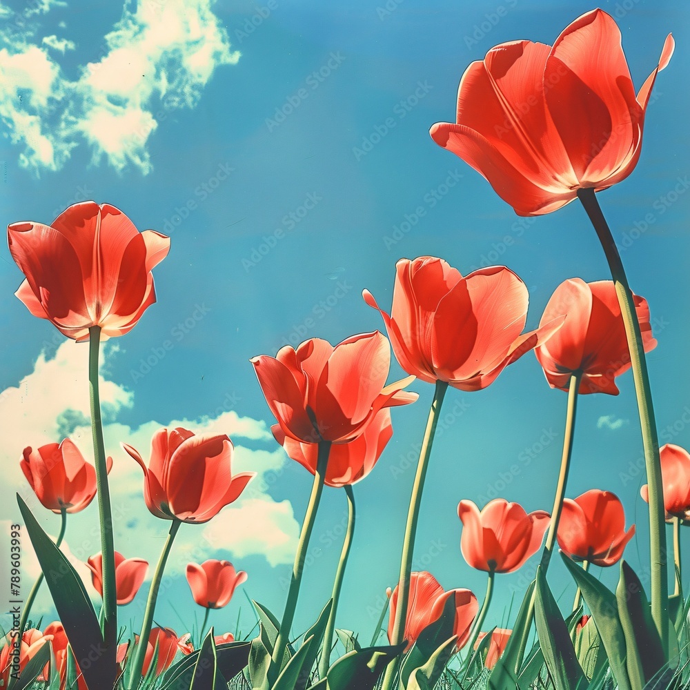 Nostalgic scene of tulips bending in a gentle breeze under a spring sky