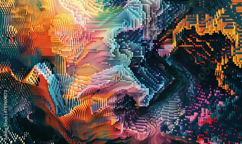 Craft a pixel art representation of Abstract Flow, showcasing a wide-angle scene bursting with pixelated patterns and energetic motion Experiment with unique color palettes and intricate pixel detaili photo