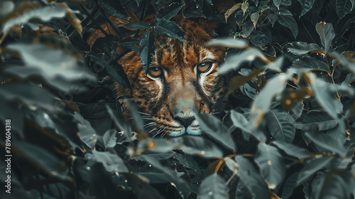 Intense Gaze of a Hidden Tiger Amongst Foliage