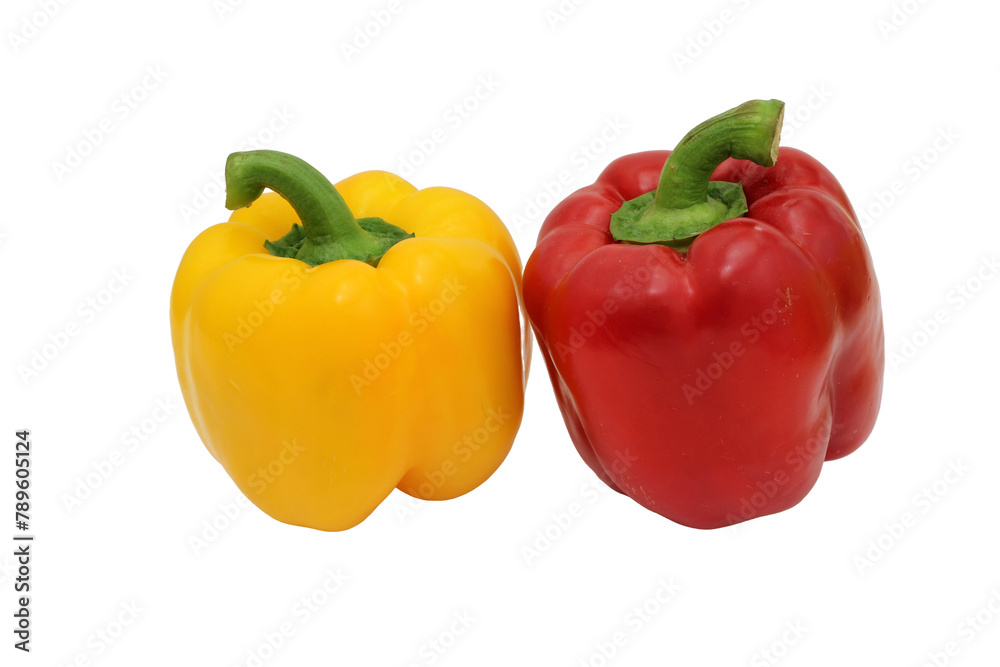 Yellow and red bell peppers on a white background, essential food ingredients Yellow and red bell peppers on a white background, essential food ingredients