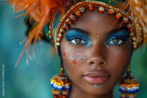 Striking close-up of woman with blue tribal makeup and beads photo