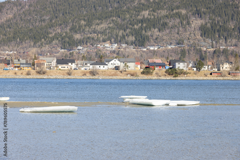 Fototapeta premium Spring solution in Mosjøen town by the river Vesna,Helgeland