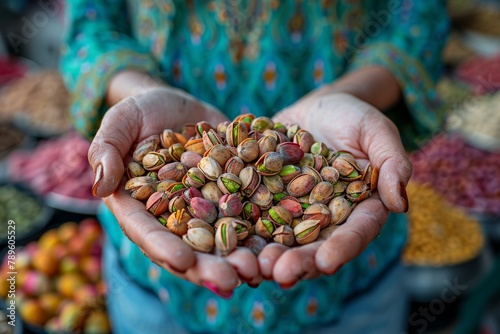 A vibrant image highlighting a person's hands filled with colorful pistachios against a blurred market background photo