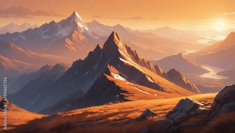 Illustration of mountain top view with sunrise light, featuring earthy brown and amber tones.