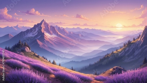 Illustration of mountain top view with sunrise light, featuring dreamy lavender and lilac tones. #789605743