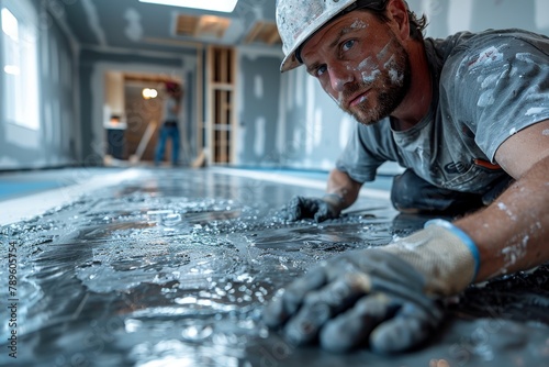 A construction worker meticulously smoothing out a wet concrete floor with a focus on hands and tools photo