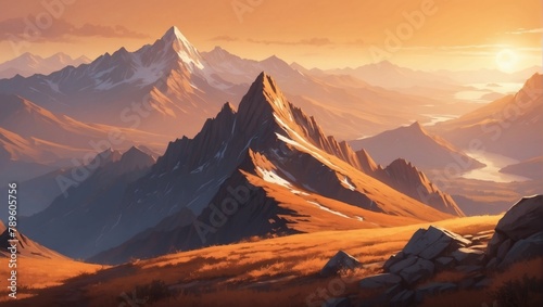 Illustration of mountain top view with sunrise light  featuring earthy brown and amber tones.