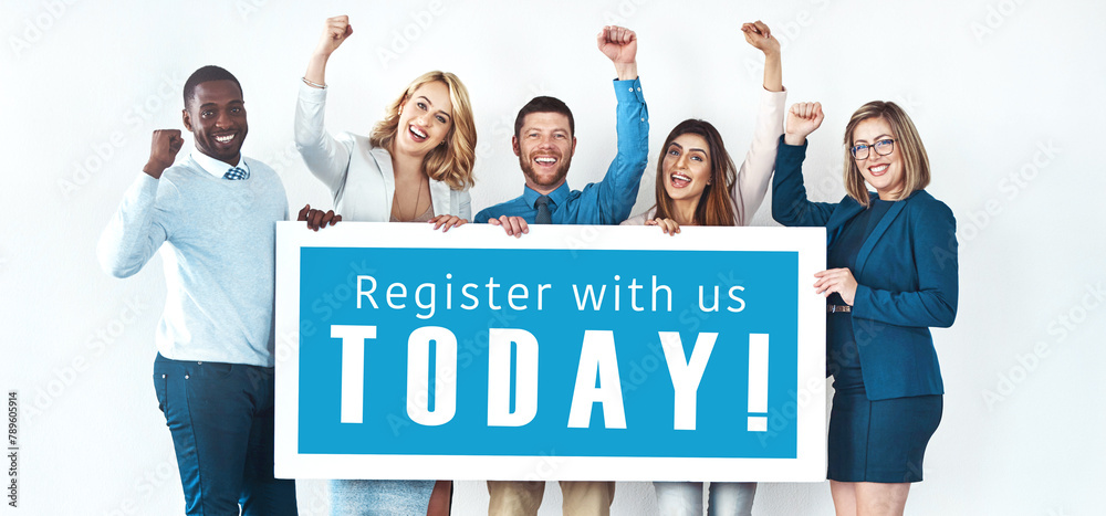 Obraz premium People, happy and poster to register in studio on white background with portrait, vote and smile. Diversity, teamwork and collaboration on campaign for citizens, human rights, advocacy and excited