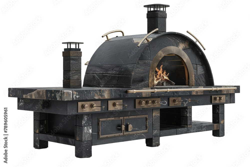 Luxurious black pizza oven with gold trim and multiple cooking sections, isolated on Transparent background. Opulent outdoor dining concept. Design for exclusive backyard brochure Luxurious black pizza oven with gold trim and multiple cooking sections, isolated on Transparent background. Opulent outdoor dining concept. Design for exclusive backyard brochure