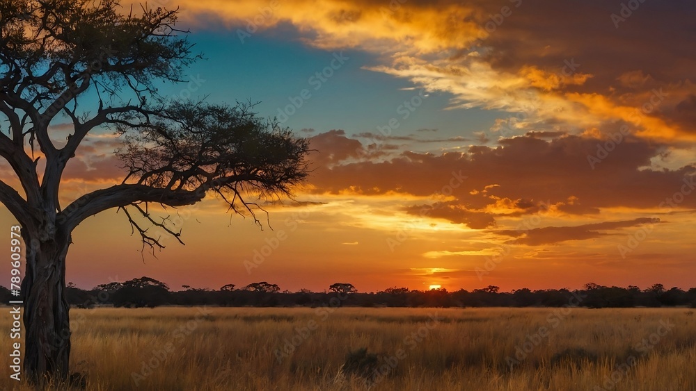 sun setting in the African savannah, with fiery clouds sun setting in the African savannah, with fiery clouds