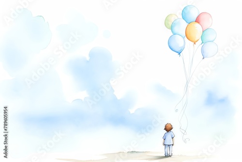 Aspirations, A young child looking up at a clear sky with floating balloons, symbolizing aspirations