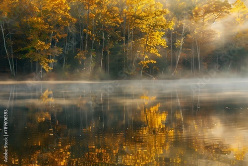   Mist rising from a tranquil lake reflecting the golden light of dawn.