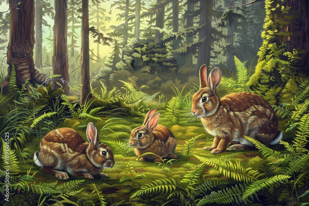 Nostalgic wallpaper scene of rabbits frolicking in a lush green meadow near the woods Nostalgic wallpaper scene of rabbits frolicking in a lush green meadow near the woods