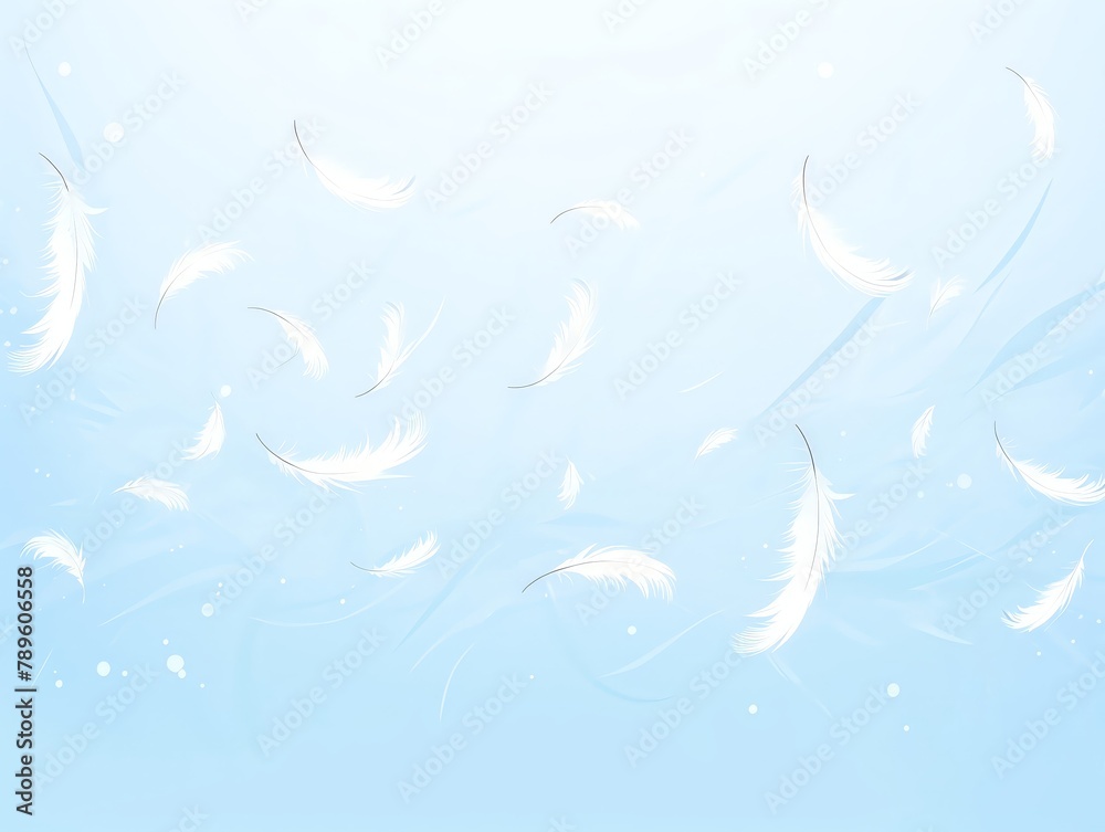 Goose Feather, Goose feathers scattered delicately on a soft, blue backdrop Goose Feather, Goose feathers scattered delicately on a soft, blue backdrop