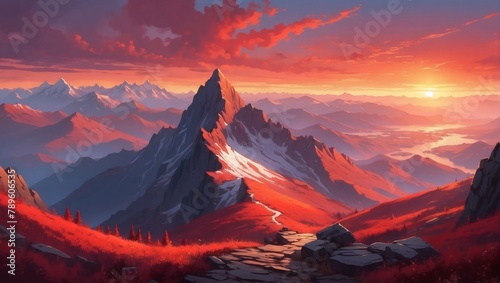 Illustration of mountain top view with sunrise light, featuring fiery red and crimson hues.