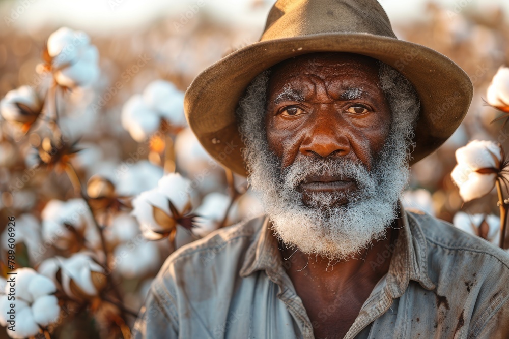A seasoned farmer in a straw hat gazes over the vast cotton fields during the warm, golden hour of sunset